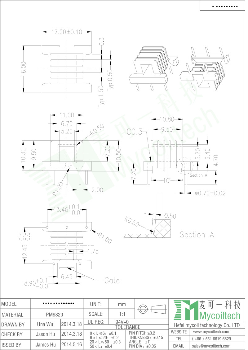 Five Slots EE16 Horizontal Transformer Bobbin With 2+3 Pins Five Slots EE16 Horizontal Transformer Bobbin With 2+3 Pins