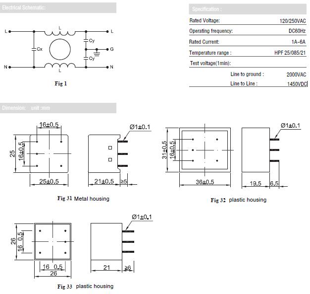 250VAC 1A PCB mounting EMI filters