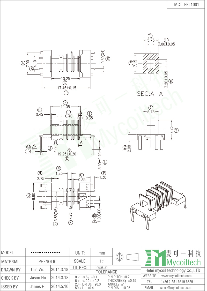 EEL10 bobbin, 2+2 Pins, six slots 