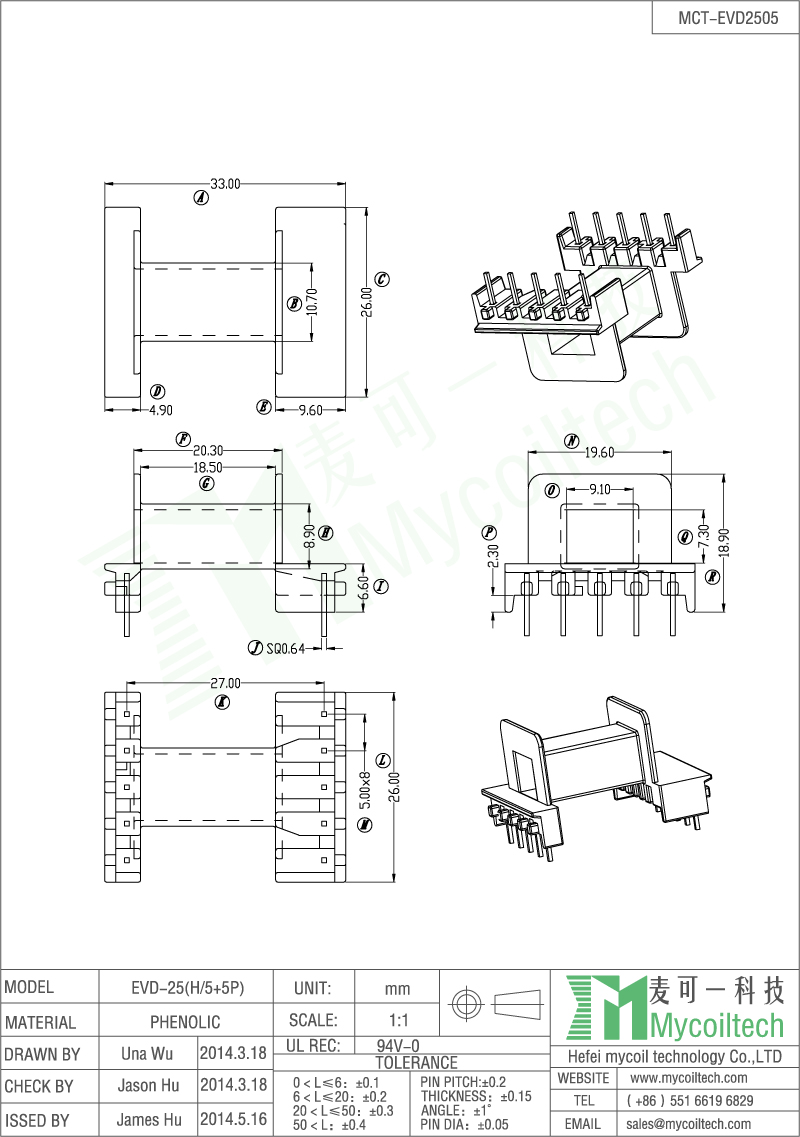 Single slot EVD25 transformer bobbin pin 5+5