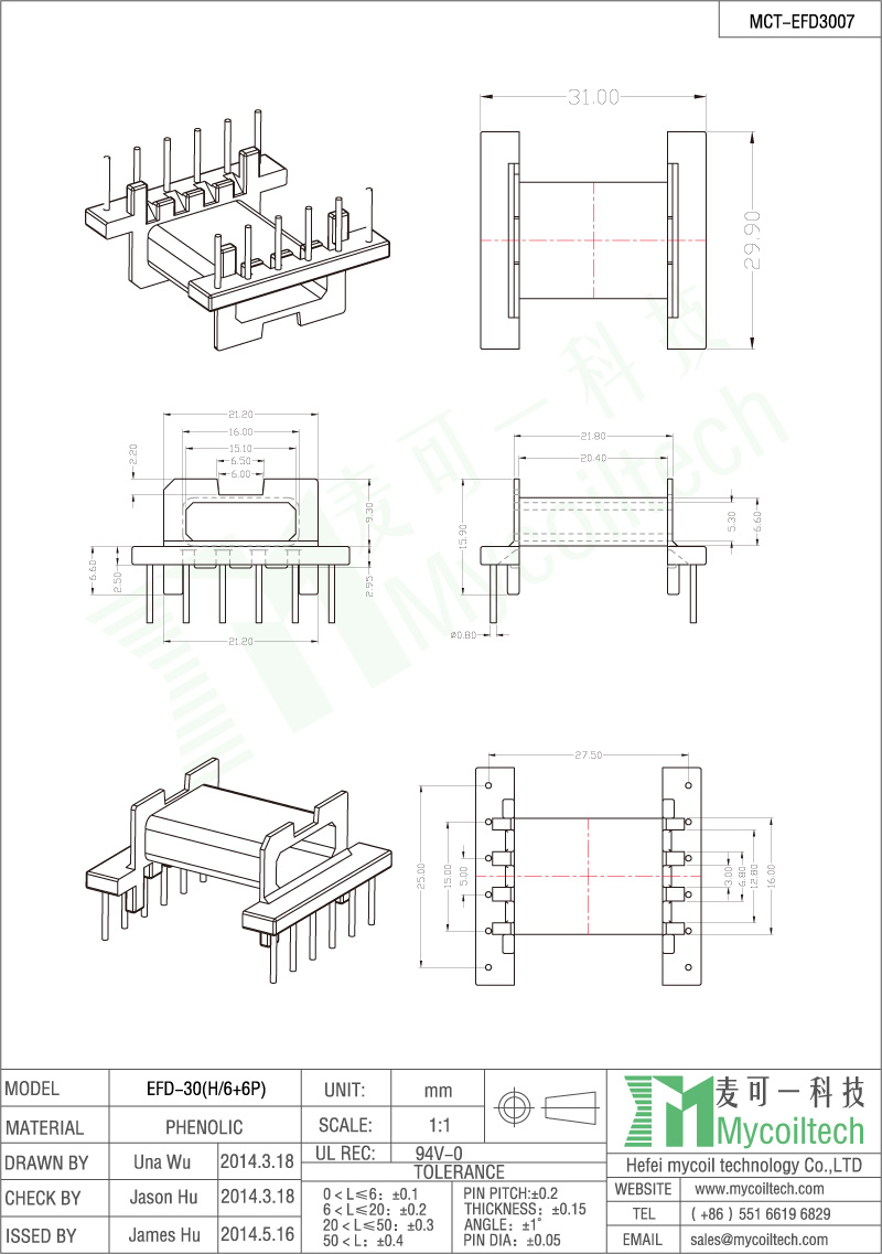 DIP transformer bobbin 6+6 Pins EFD30 transformer bobbin manufacturer