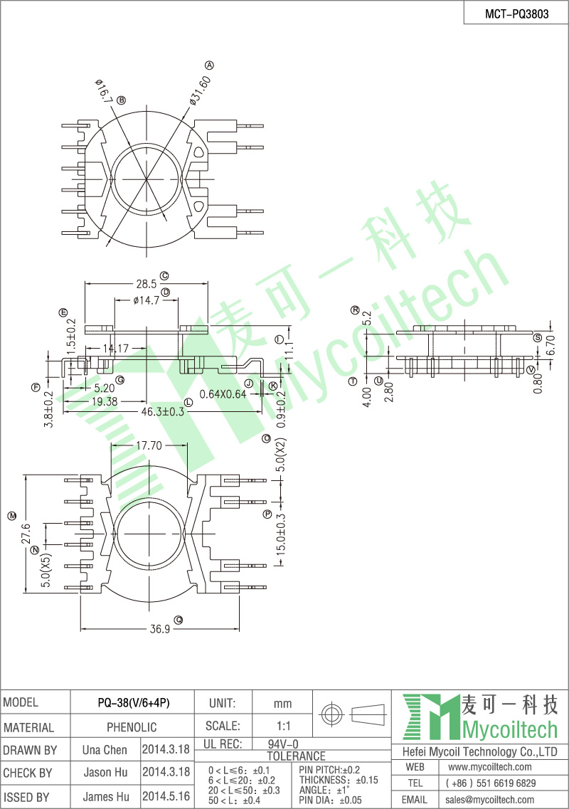6+4 pins PQ38 transformer bobbin wholesale