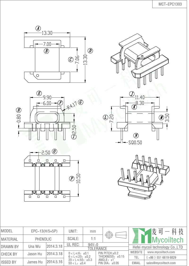 Horizontal Bobbin EPC13 Transformer Bobbin With 5+5 Pins.