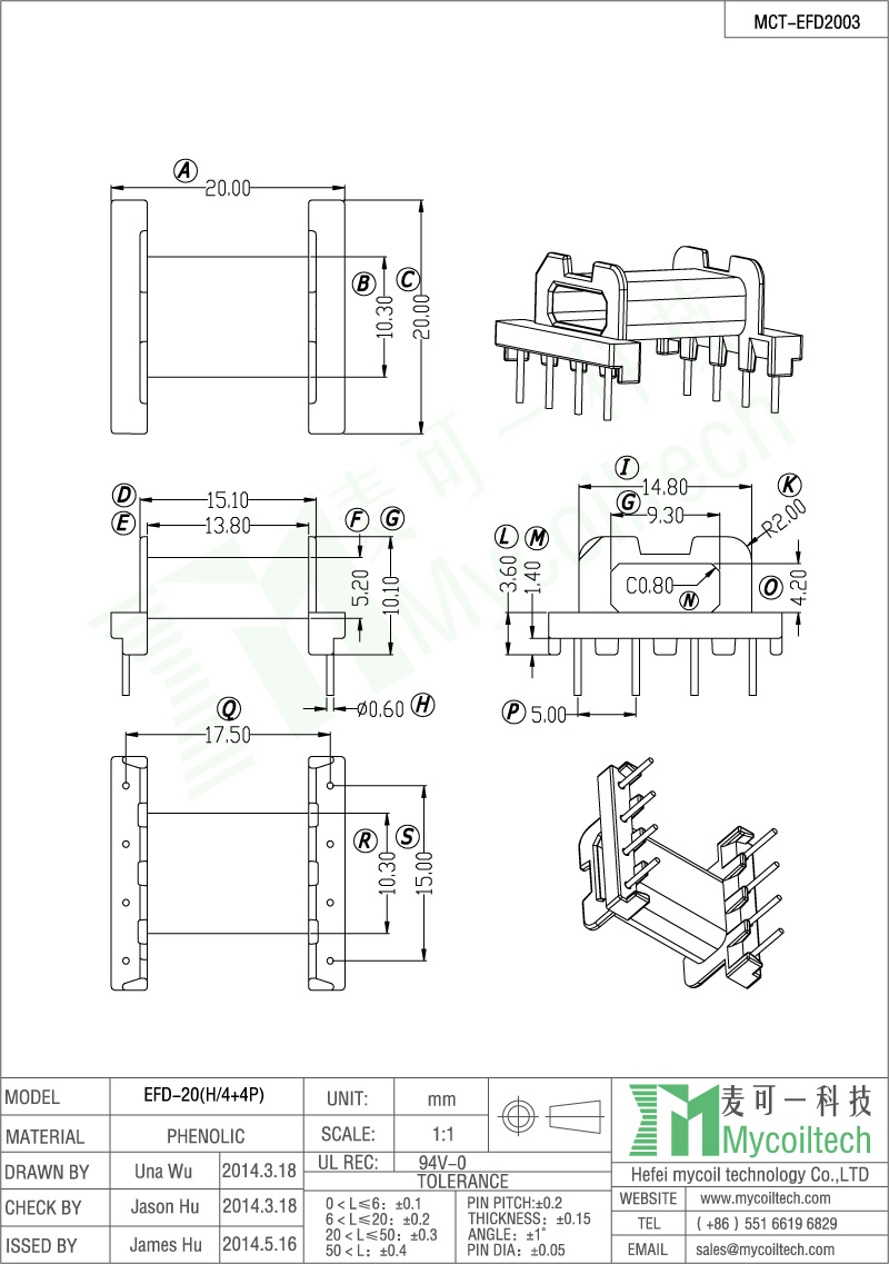 Lead free EFD20 bobbin horizontal 4+4 pin bobbin