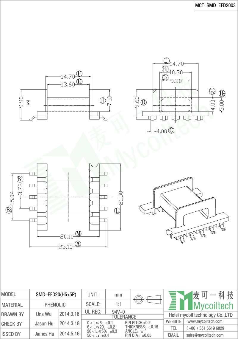 Single slot bobbin EFD20 SMD coil former