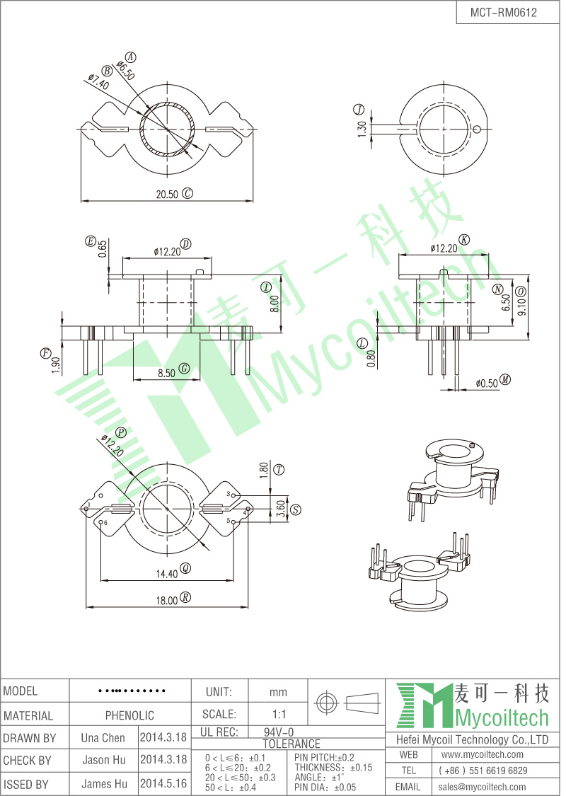 RM6 Vertical 3+3 PIN bobbin, RoHS Certification