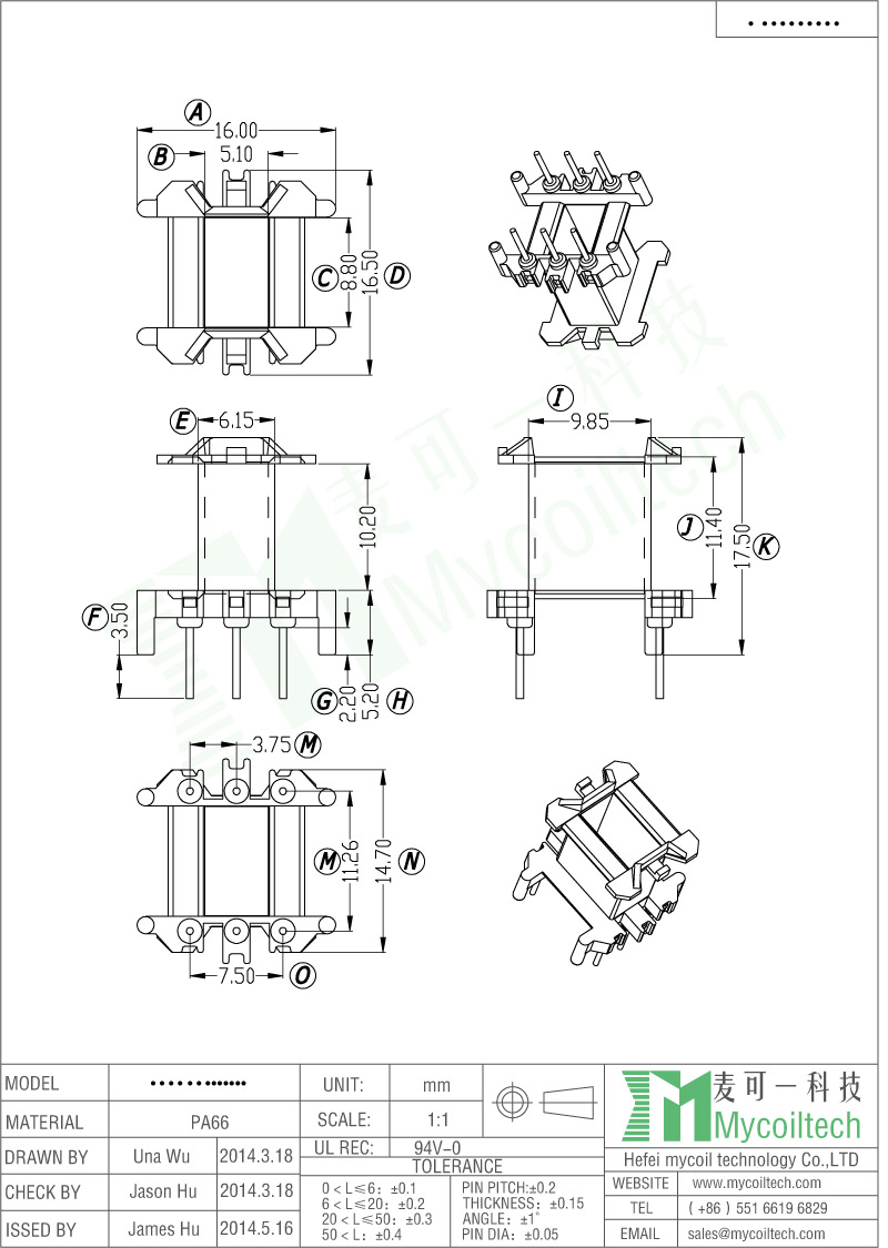 EF16 Dip Transformer Bobbin With 3+3 Pins