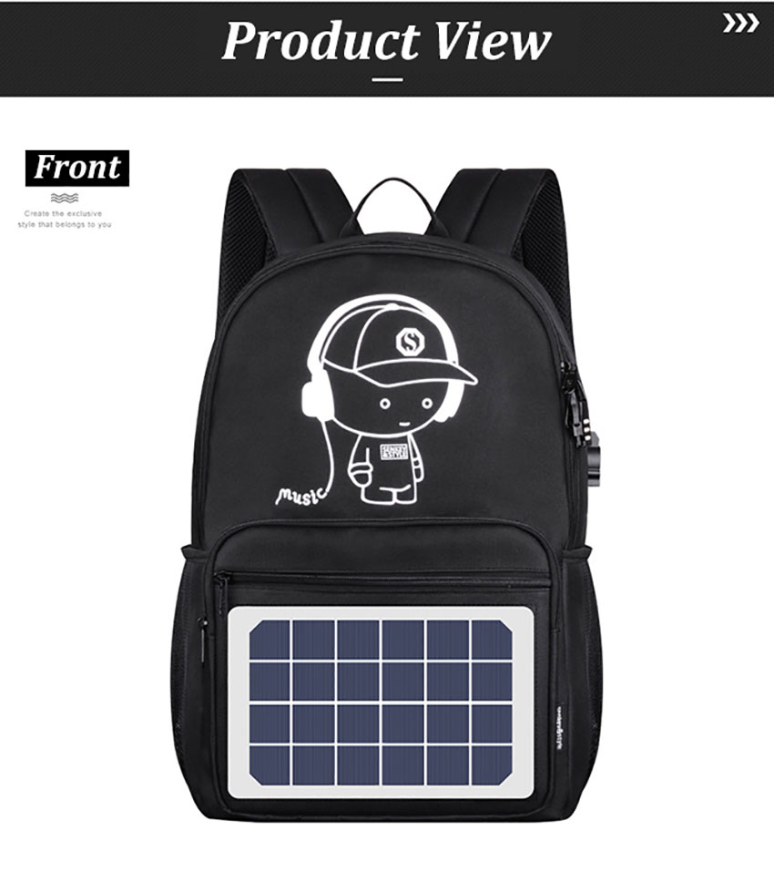 Mobile Phone Charging Solar Panel Powered Backpack front
