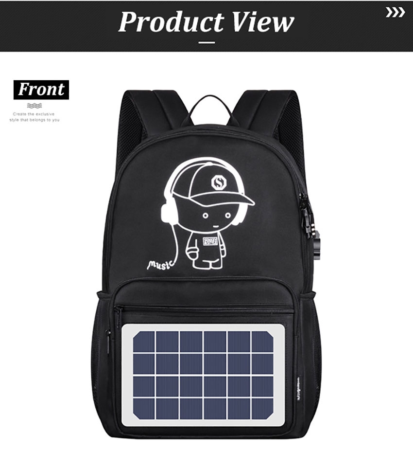 Mobile Phone Charging Solar Panel Powered Backpack front Mobile Phone Charging Solar Panel Powered Backpack front