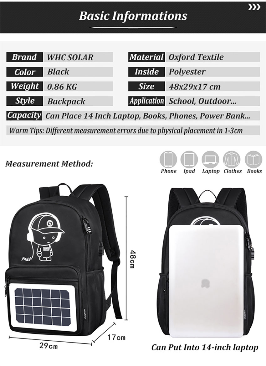 Mobile Phone Charging Solar Panel Powered Backpack information