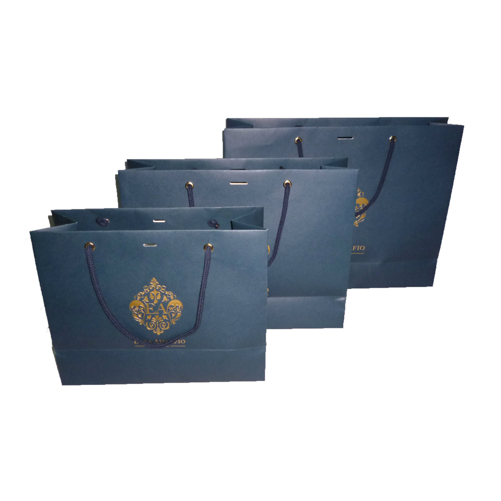 blue printed paper bags