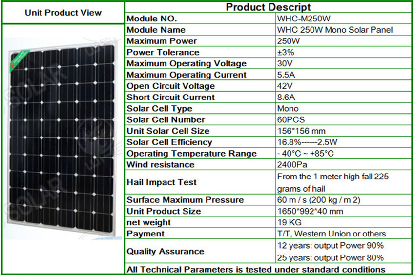 250W solar panels information