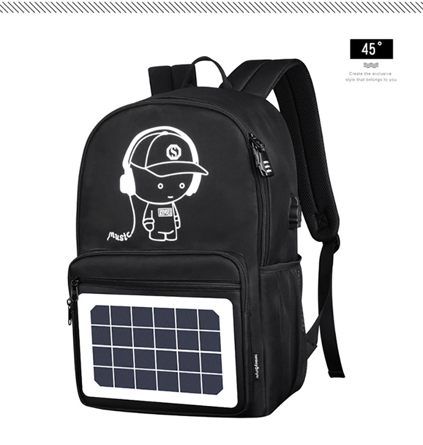 Mobile Phone Charging Solar Panel Powered Backpack side 45 degree