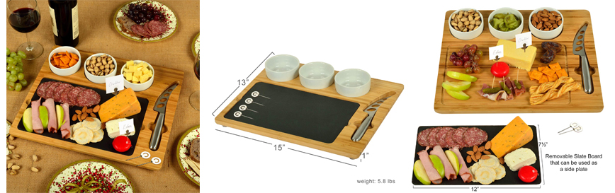 Bamboo Slate Cheese Board with 3 Ceramic Bowls 