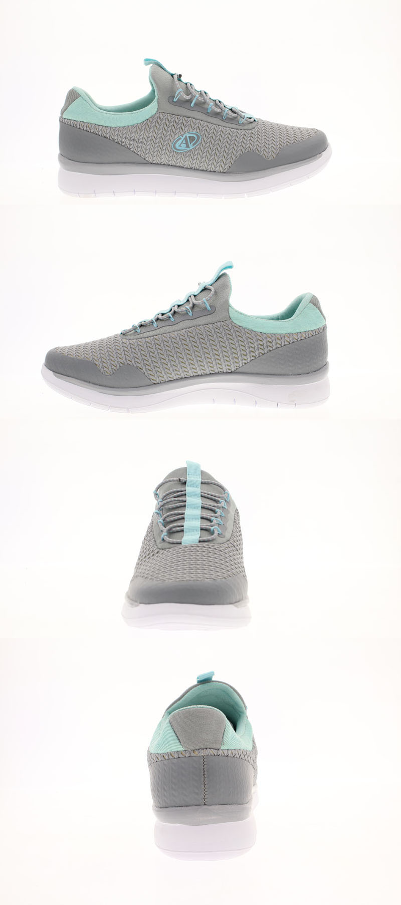Light grey and green running shoes