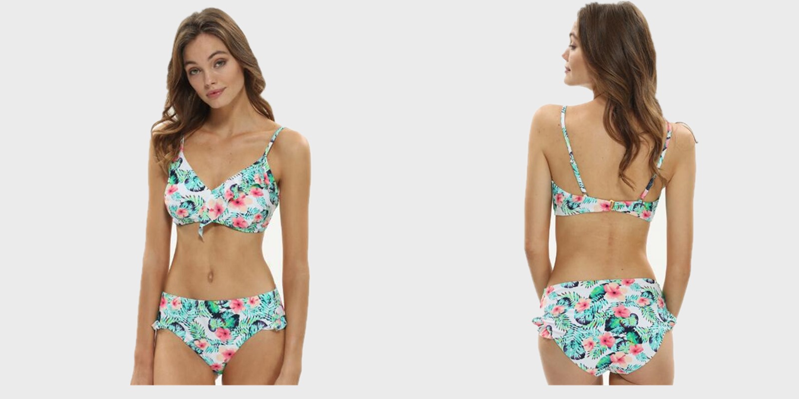 Ladies two pieces swimwear with frills top and all over print