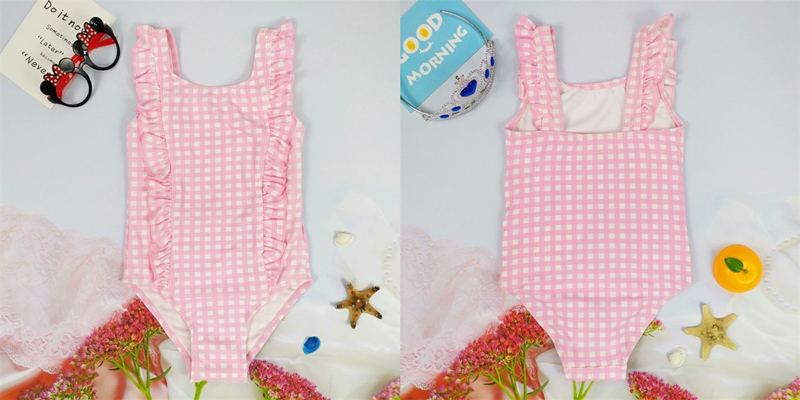 Girls one piece beachwear, frills along neck to leg, seersucker swimwear Girls one piece beachwear, frills along neck to leg, seersucker swimwear