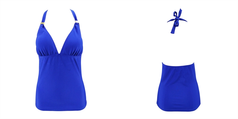 Ladies tankini top, hang-neck with removable cups, solid blue