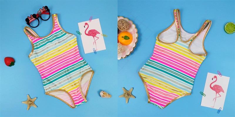 Girls one piece summer swimsuit with rainbow stripe, gold ink swimwear