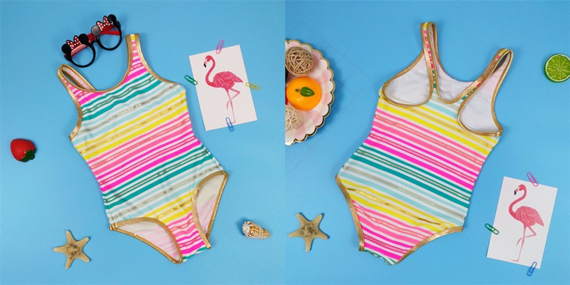 Girls one piece summer swimsuit with rainbow stripe, gold ink swimwear Girls one piece summer swimsuit with rainbow stripe, gold ink swimwear