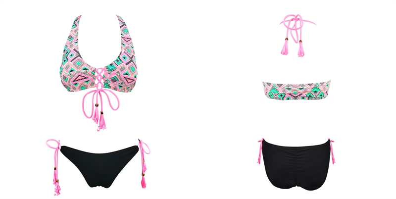 Ladies tank top bikini with front cross strings, geometric pattern