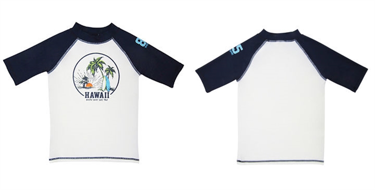 Boys summer rashguard with front plastisol print, UV proof swimwear
