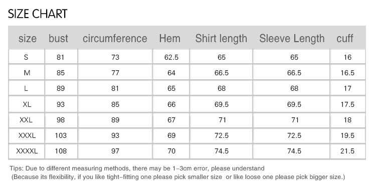 Size chart of the T shrit