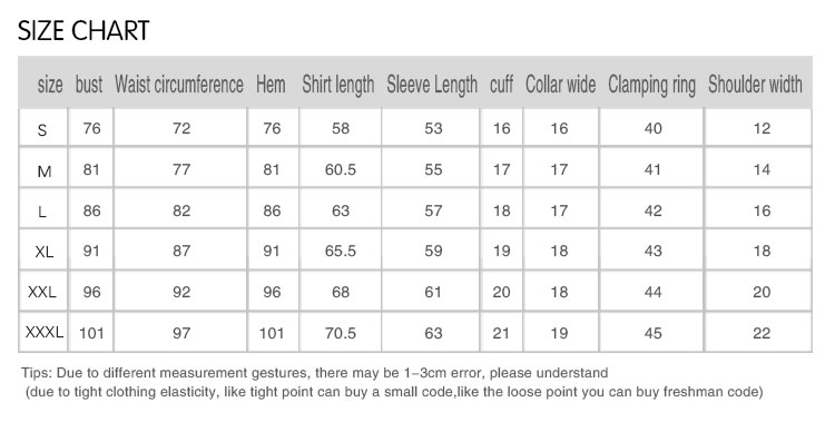 Size chart of the t shirt