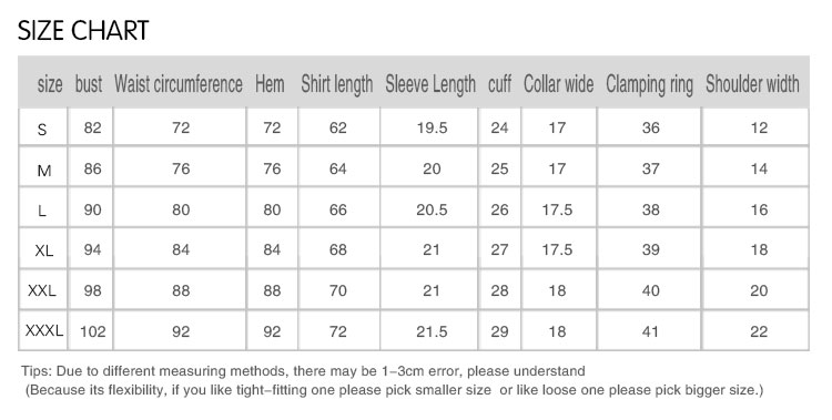 Size chart of the T shirts