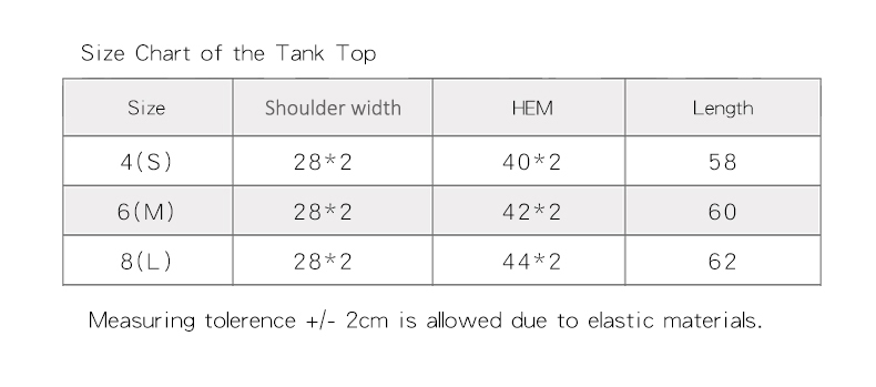 Size chart of the tank top Size chart of the tank top