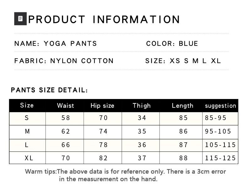 Size chart of the yoga leggings