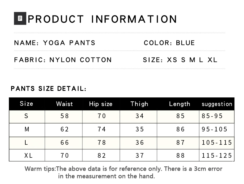 Size chart of the yoga leggings Size chart of the yoga leggings