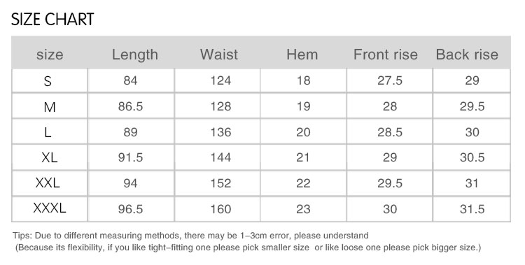 Size chart of compression pants