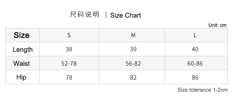 Size chart of yoga shorts