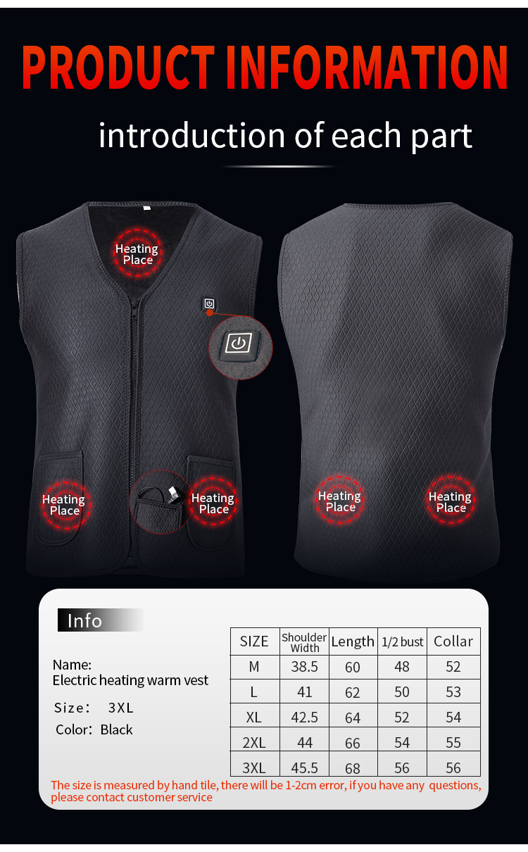 Size chart of heating Waistcoat Size chart of heating Waistcoat