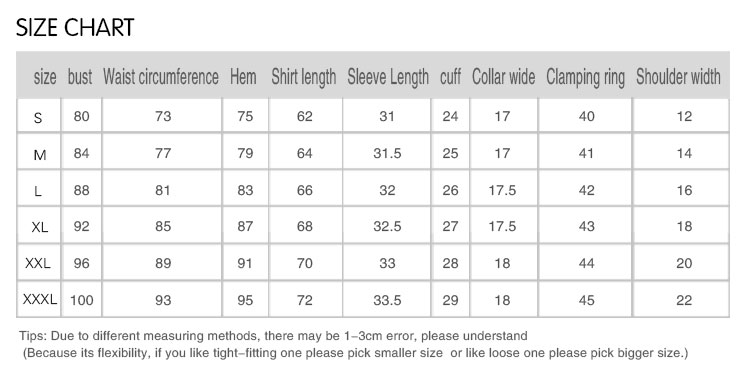 Size chart of the T shirt