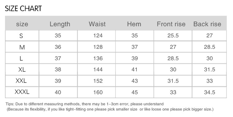 Shorts size chart