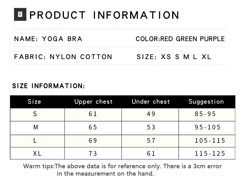 size chart of the bra