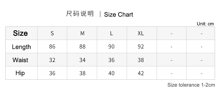 Size chart of yoga leggings