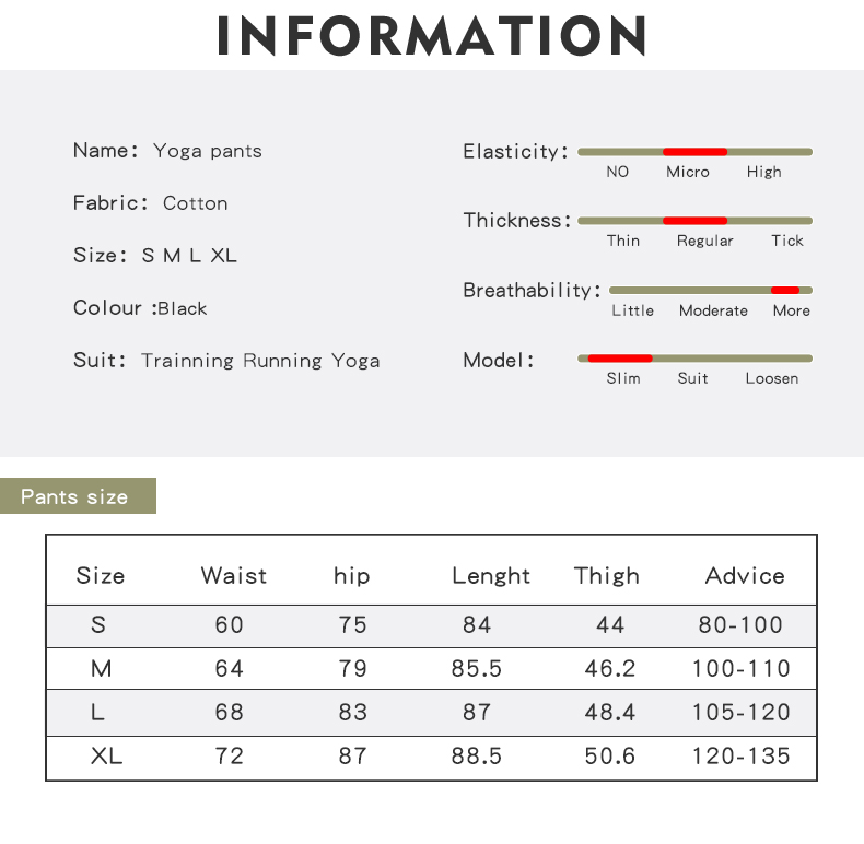size chart of yoga leggings