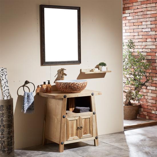 Real shot of wood colored bathroom cabinet in bathroom