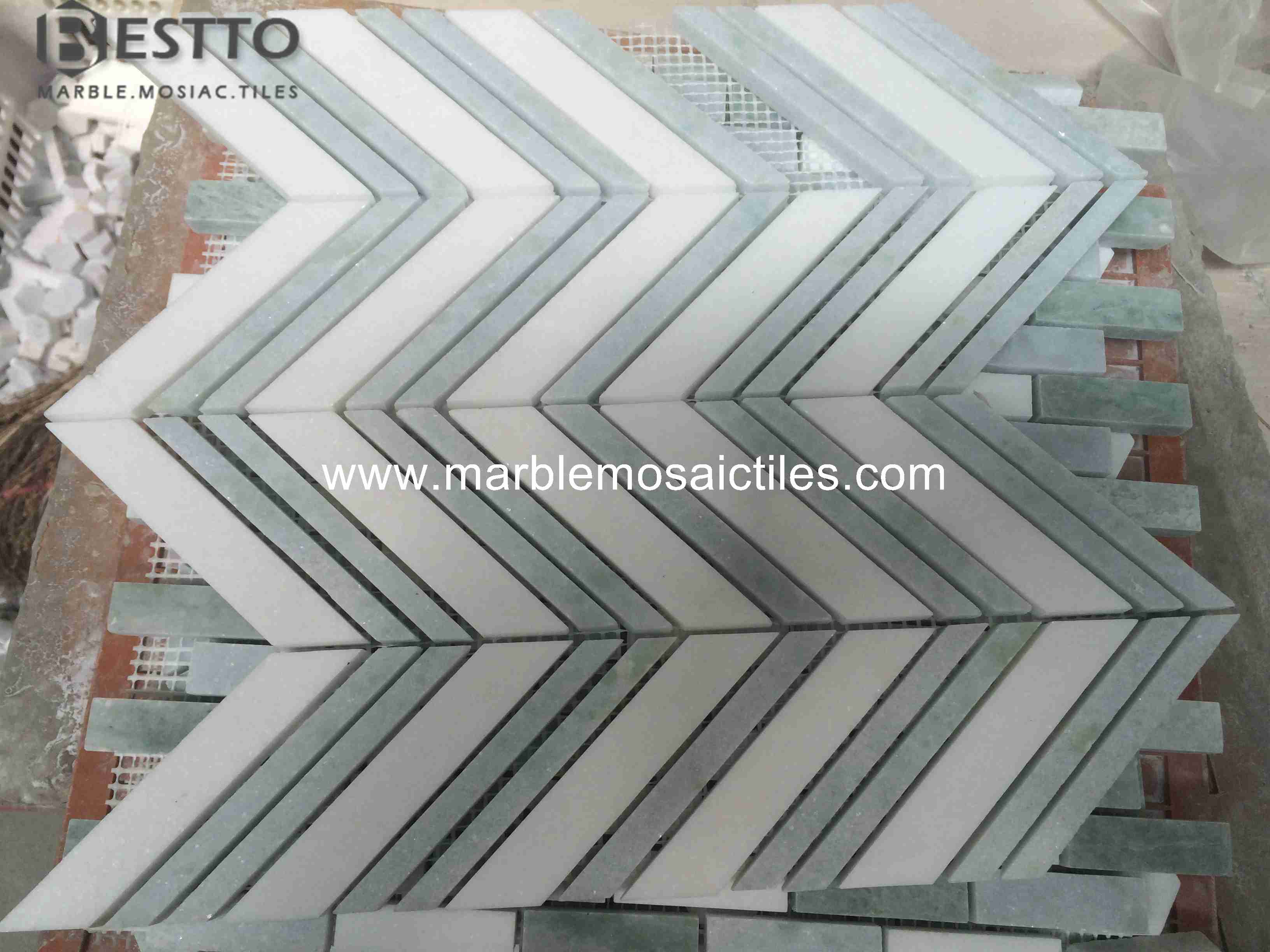 Thassos and Ming Green Chevron Mosaic