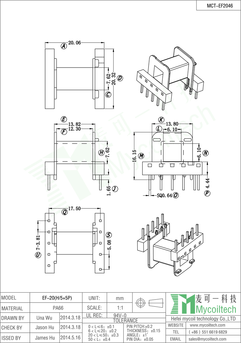 5+5 pin EF20 transformer bobbin