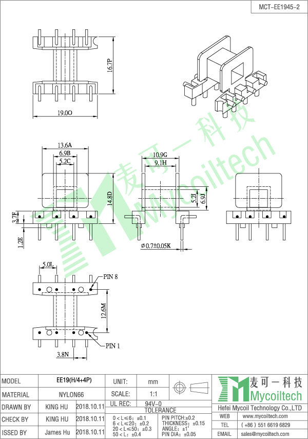 EE19 4+4pin coil former