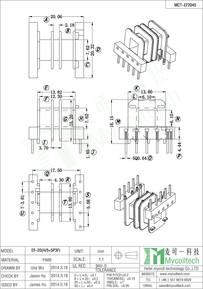 EF20 PA66 material transformer bobbin