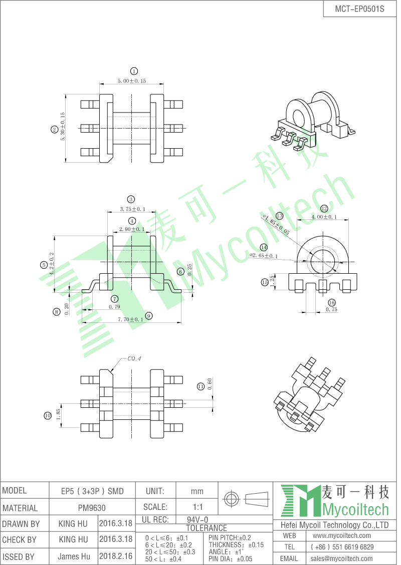 EP5 3+3 pin transformer bobbin