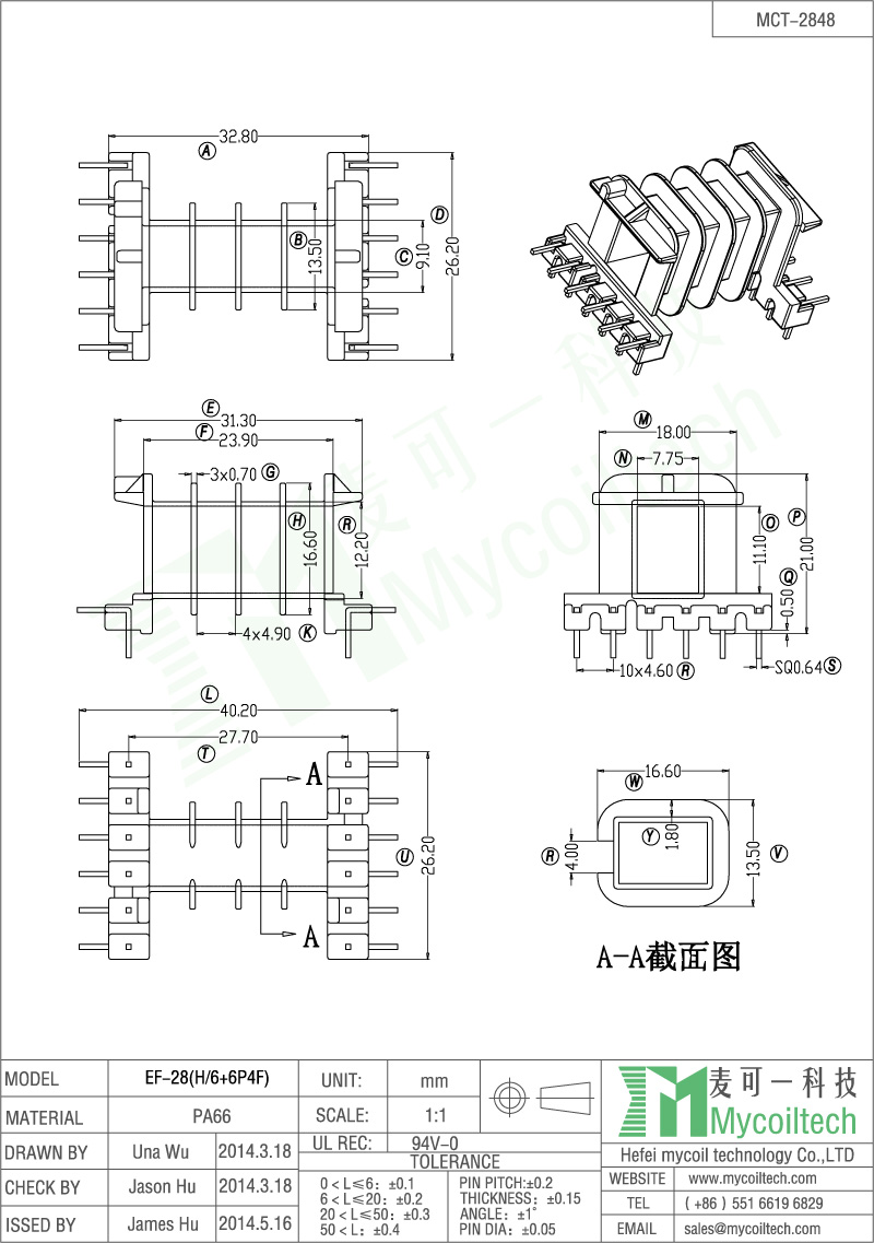 EF28 fou slots bobbin 6+6 pin