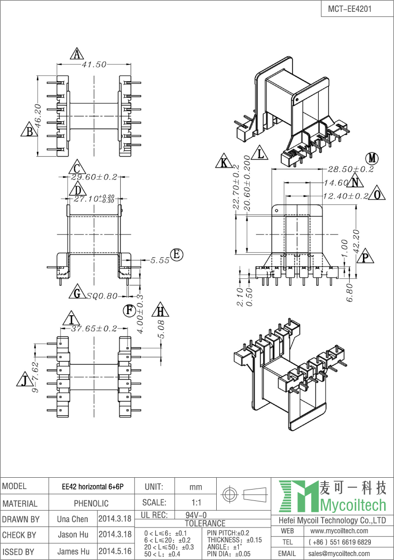 Transformer ferrite EE42 bobbin