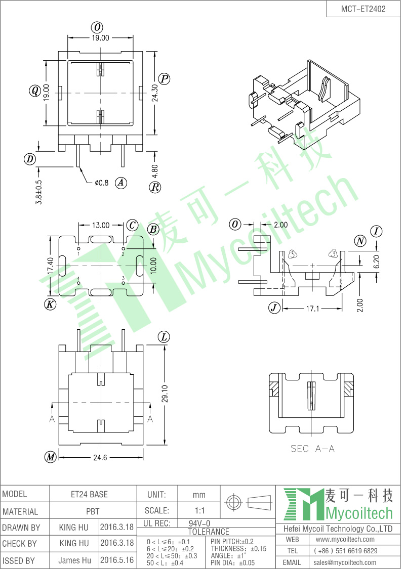 ET24 inductor bobbin base