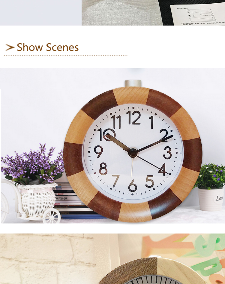 Round shape wooden silent quartz desk clock